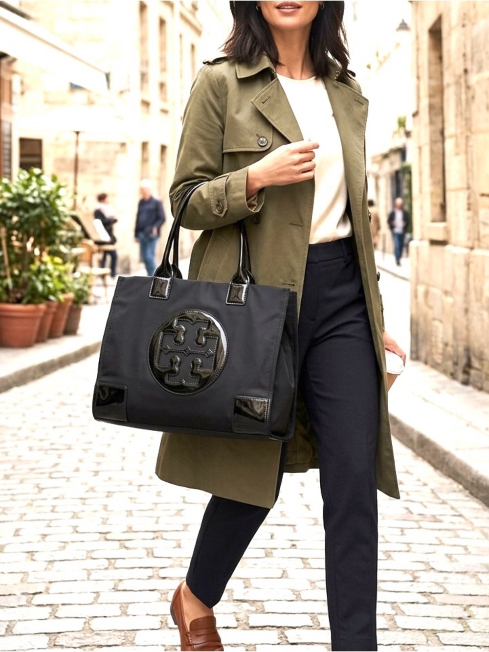 Tory Burch Ella Large Nylon Tote Black Shoulder Bag  Work Travel Laptop Bag